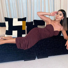 Load image into Gallery viewer, Ruched Strap Midi V Neck Bodycon Dress