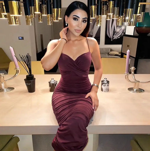 Ruched Strap Midi V Neck Bodycon Dress