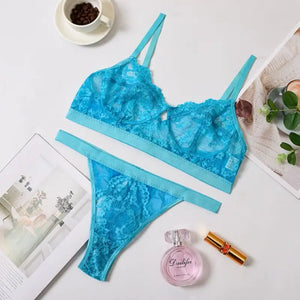 Ruffle Lace Wireless Bra & Panty Lingerie Set - blue green