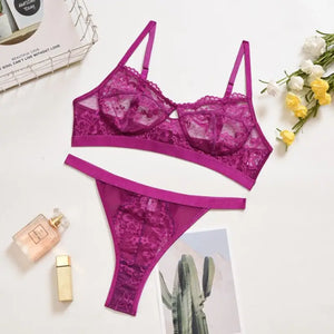 Ruffle Lace Wireless Bra & Panty Lingerie Set - drak purple