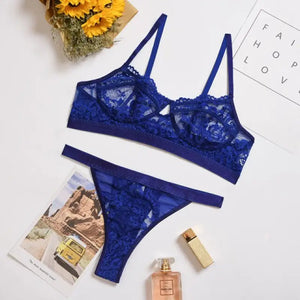 Ruffle Lace Wireless Bra & Panty Lingerie Set - royal blue