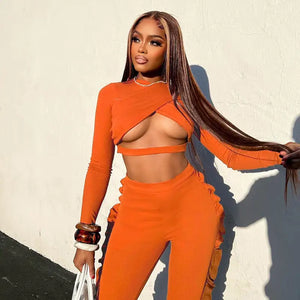 Ruffled Cross Cut Out Crop Top and Pants Set