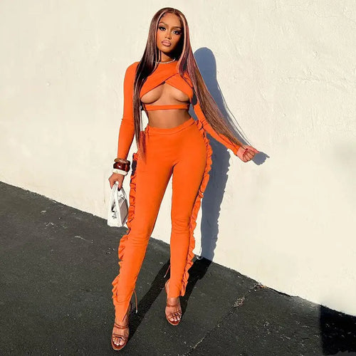 Ruffled Cross Cut Out Crop Top and Pants Set
