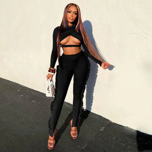 Ruffled Cross Cut Out Crop Top and Pants Set - L / Black