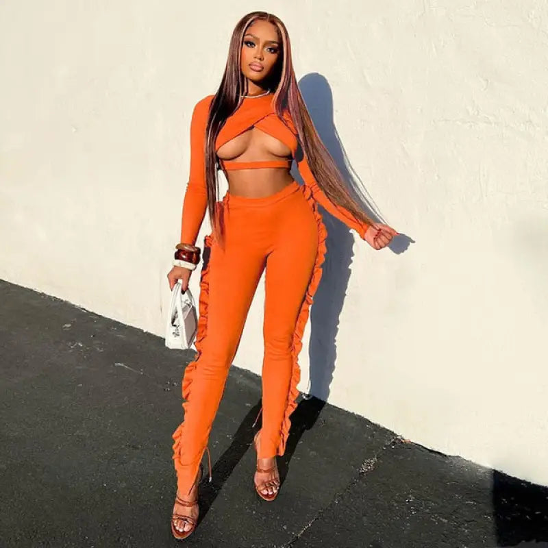 Ruffled Cross Cut Out Crop Top and Pants Set - L / Orange