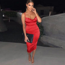 Load image into Gallery viewer, Satin Bodycon Cami Midi Dress With Spaghetti Straps - dress