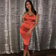 Load image into Gallery viewer, Satin Bodycon Cami Midi Dress With Spaghetti Straps - dress