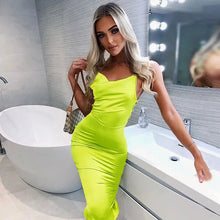 Load image into Gallery viewer, Satin Bodycon Cami Midi Dress With Spaghetti Straps - Green