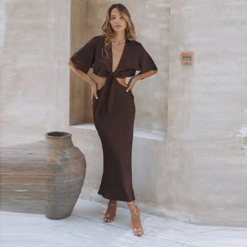 Satin Hallow Out Top and Skirt Matching Set