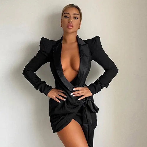 Satin Patchwork Deep V Neck Wrap Mini Dress