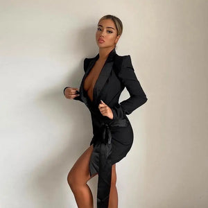 Satin Patchwork Deep V Neck Wrap Mini Dress