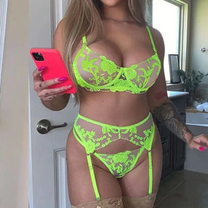 See Through Bra & Thong Sensual Lace Lingerie 3 Piece Set