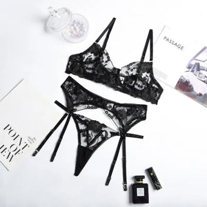 See Through Bra & Thong Sensual Lace Lingerie 3 Piece Set