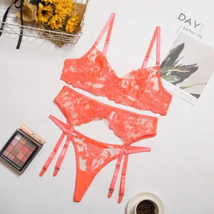 See Through Bra & Thong Sensual Lace Lingerie 3 Piece Set