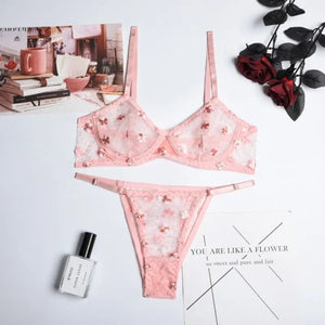 See Through Flower Embroidery Mesh Lingerie Set - Pink / L