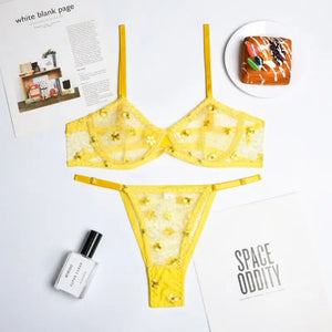 See Through Flower Embroidery Mesh Lingerie Set - Yellow / L