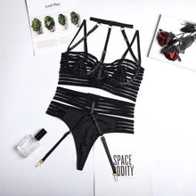 Load image into Gallery viewer, See Through Halter Hollow Out Lingerie Set - black / L