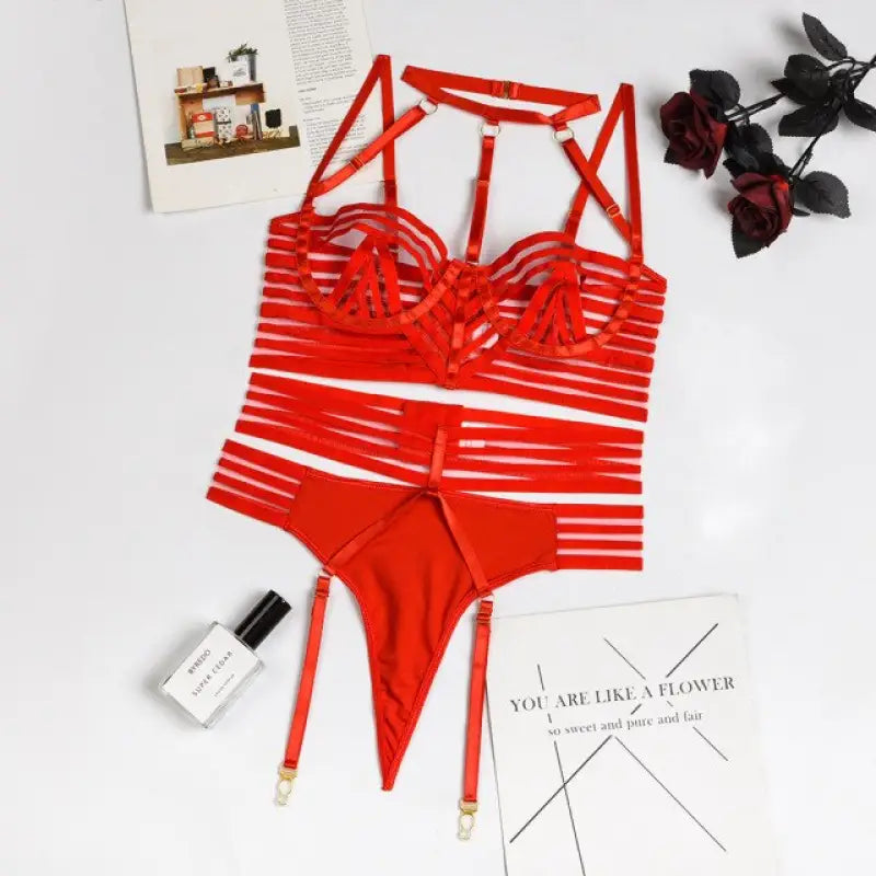 See Through Halter Hollow Out Lingerie Set - Red / M