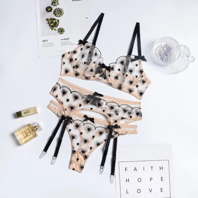 See Through Heart Shaped 3-Piece Lingerie Set - black / L