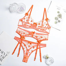 Load image into Gallery viewer, See Through Heart Shaped 3-Piece Lingerie Set - Orange / L