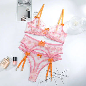 See Through Heart Shaped 3-Piece Lingerie Set - Pink / L