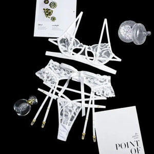 See Through Lace Bra and Panty 3 Piece Lingerie Set - white