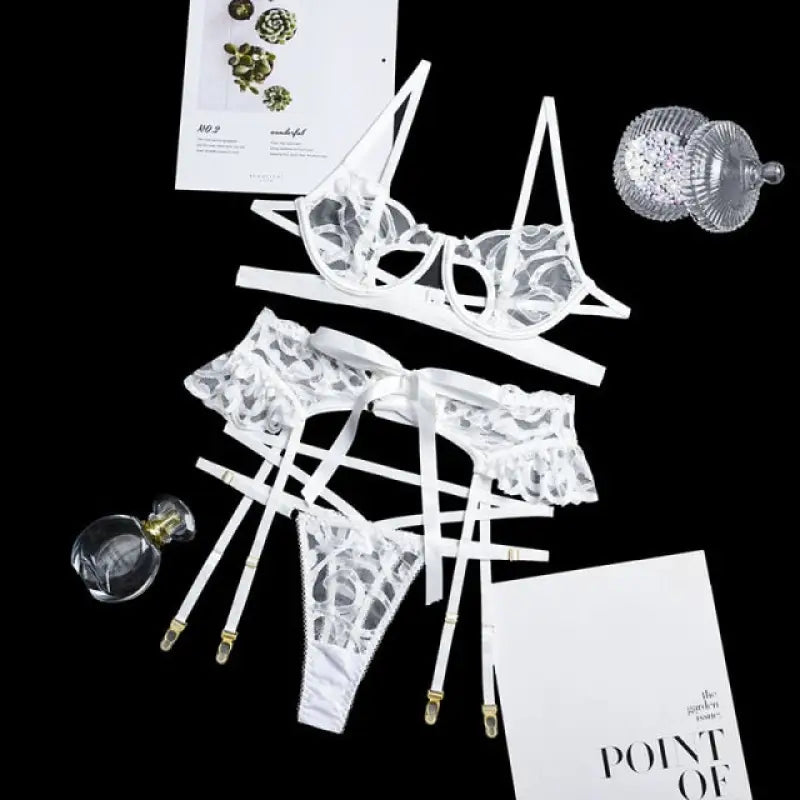 See Through Lace Bra and Panty 3 Piece Lingerie Set - white