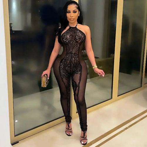 See Through Mesh Sequin Halter Backless Jumpsuit