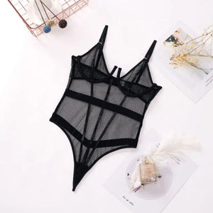 See Through Mesh Sheer Transparent BodySuit - black / M