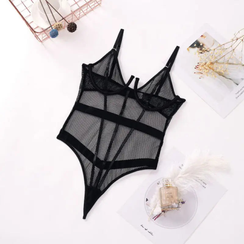See Through Mesh Sheer Transparent BodySuit - black / M