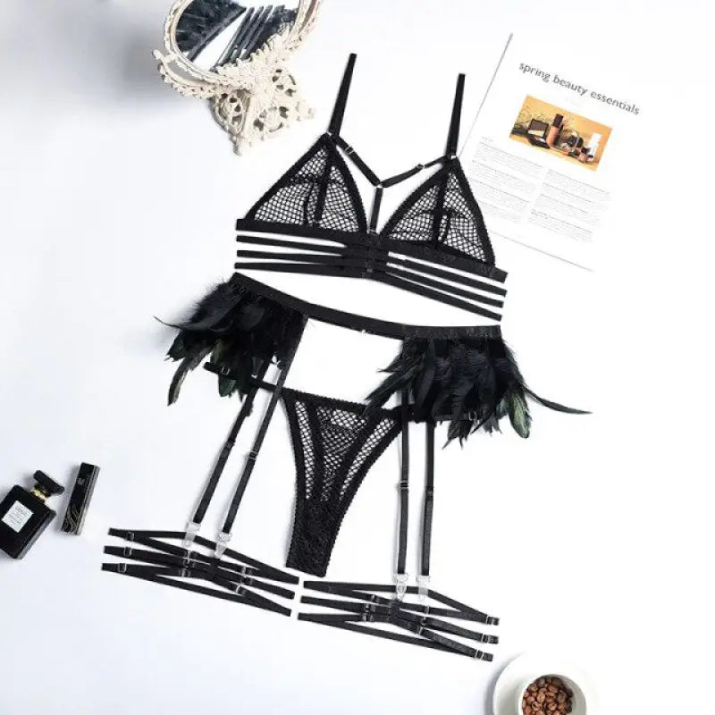 See Through Panty and Bra Lace Lingerie Set - black / L