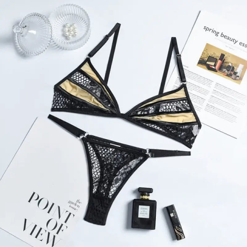 See Through Patchwork Lace Black Lingerie Set - black / L
