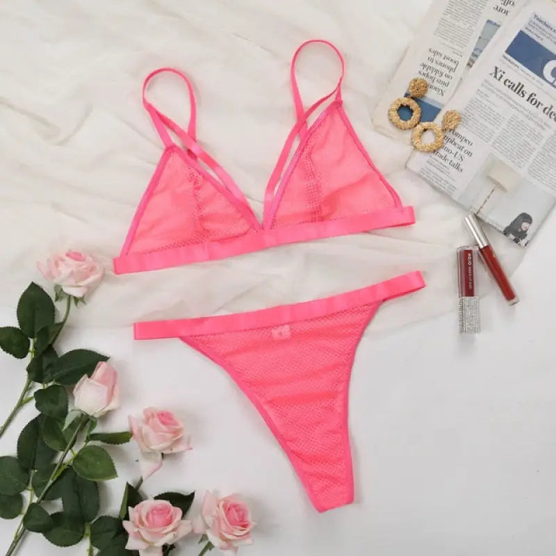 See Through Pink Transparent Lace Lingerie Set - M