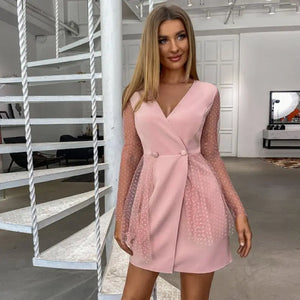 See Through Pink V-neck Mesh Long Sleeve Dress - M