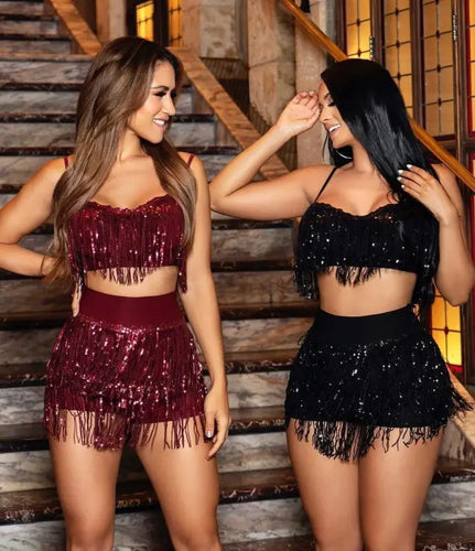 Sequin Fringe Glitter Crop Top & Skirt