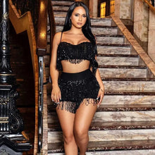 Load image into Gallery viewer, Sequin Fringe Glitter Crop Top &amp; Skirt - S / Black