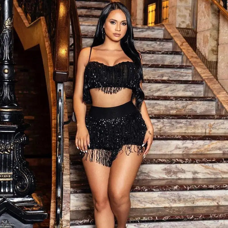 Sequin Fringe Glitter Crop Top & Skirt - S / Black