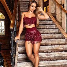Load image into Gallery viewer, Sequin Fringe Glitter Crop Top &amp; Skirt - XXL / Burgundy
