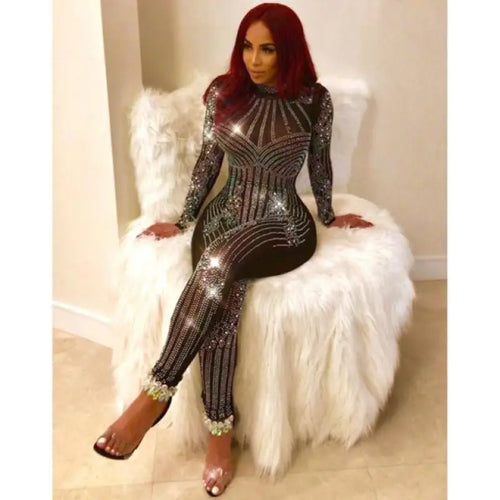 Sequin See Through Mesh Diamond Long Sleeve Jumpsuit