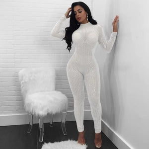 Sequin See Through Mesh Diamond Long Sleeve Jumpsuit