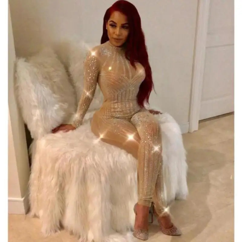 Sequin See Through Mesh Diamond Long Sleeve Jumpsuit