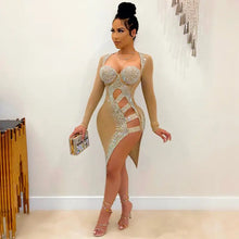 Load image into Gallery viewer, Sequined Hollow-out Black Knee Length Dress - Beige / M