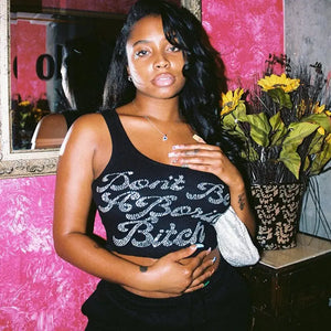Sequined Letter Print Sleeveless Sexy Crop Top