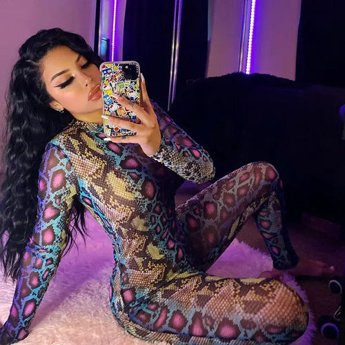 Serpentine Print O-neck Long Sleeve Jumpsuit