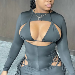 Sexy Hollow Out Bandage Long Sleeve Two Piece Set