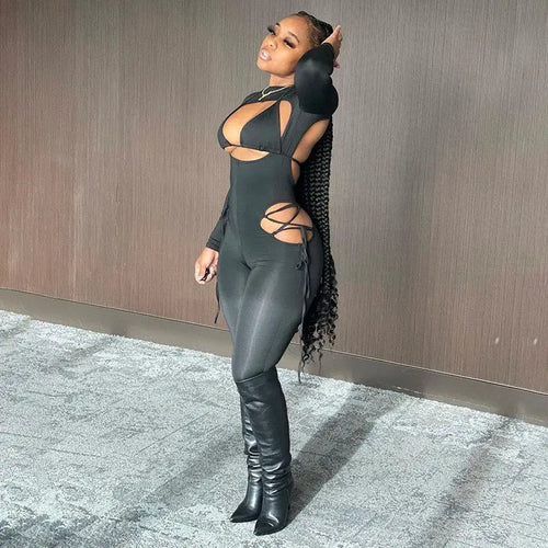 Sexy Hollow Out Bandage Long Sleeve Two Piece Set