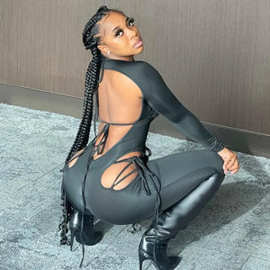 Sexy Hollow Out Bandage Long Sleeve Two Piece Set