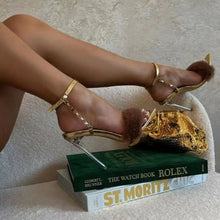 Load image into Gallery viewer, Sexy Pointed Toe Fluffy High Heel Shoes - Gold / 35