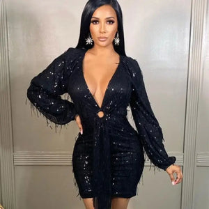 Sexy Sequin Tassel Short Fringe Party Dress - black / XL
