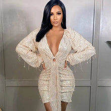 Load image into Gallery viewer, Sexy Sequin Tassel Short Fringe Party Dress - Khaki / S